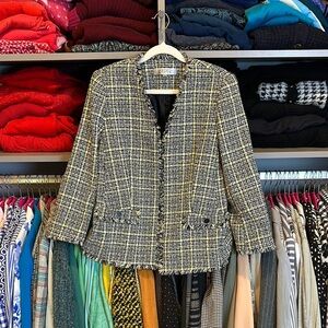 Kasper navy/yellow tweed open front 2 pocket blazer size 4